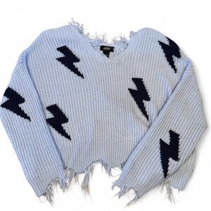 Just Polly V-Neck Sweater in Light Blue with Black Accents